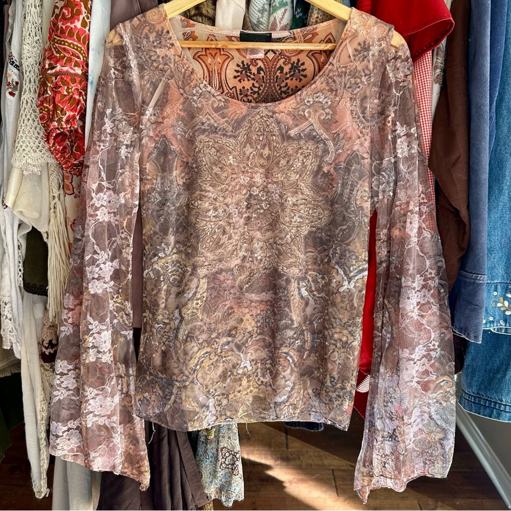 RARE Brittany Black Y2K Mesh Lace • Boho • Sleeve Burnout Floral • Made in USA